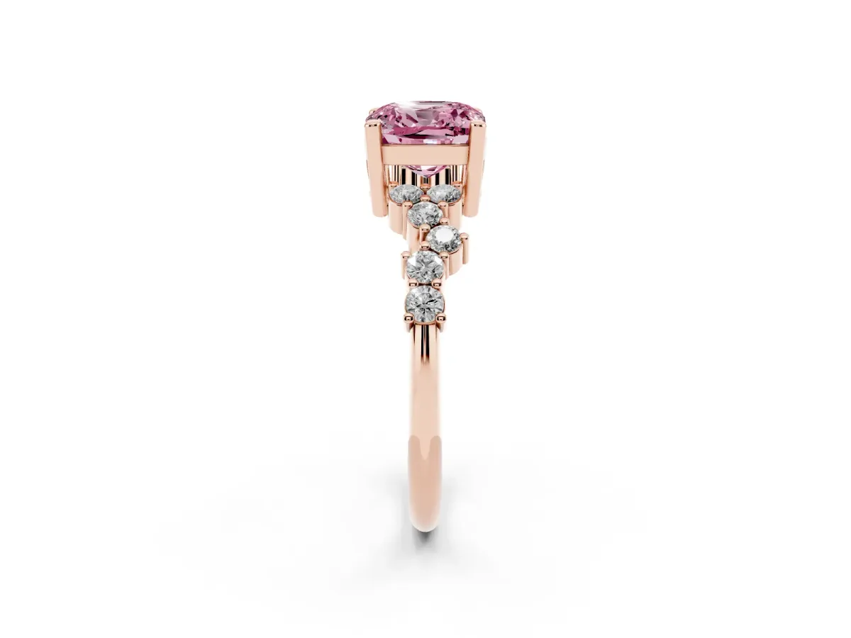 Fancy Pink Cushion Cut Diamond Scattered Round Accent Ring with Prong Setting Rose gold