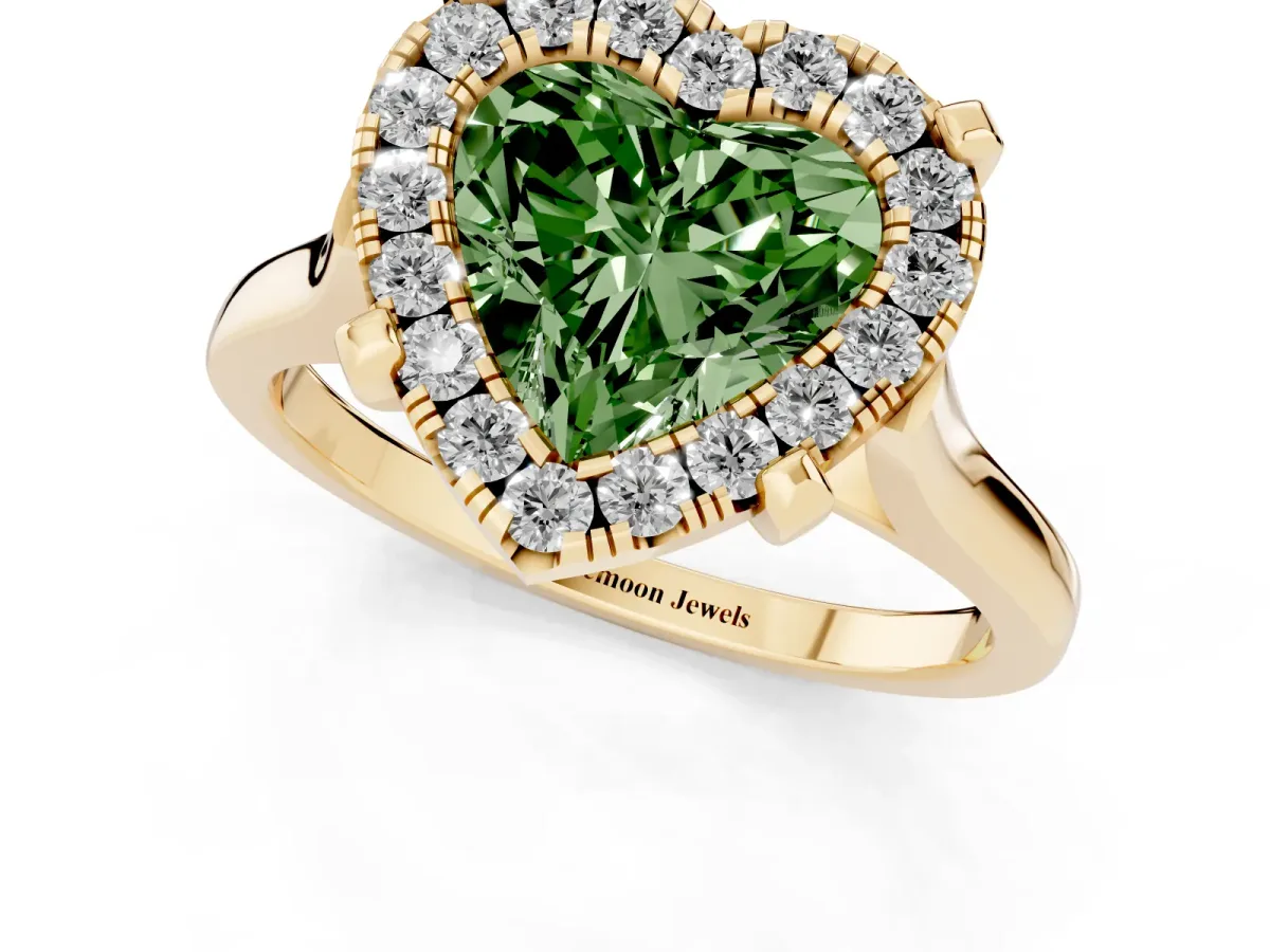 Fancy Green Heart Cut Diamond Cluster Halo Solitaire with Four-Prong Setting Yellow gold