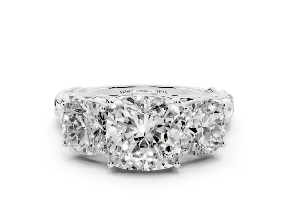 Three-Stone Cushion Cut Diamond Braided Band Ring with Four-Prong Setting Platinum