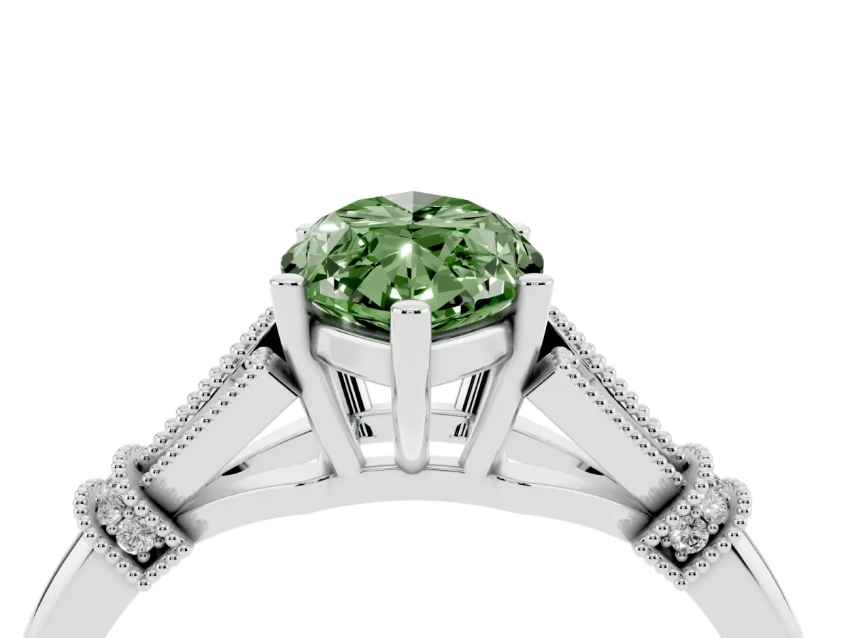 Fancy Green Marquise Cut Diamond Solitaire Ring with Floral Filigree and Pave Accents Platinum
