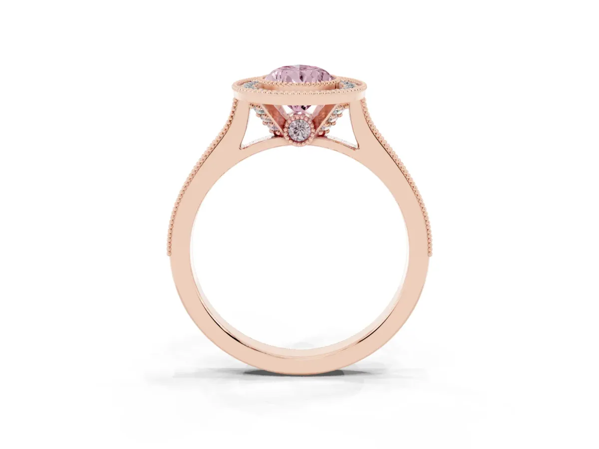 Fancy Pink Halo Pear Cut-Cut Diamond Pave Band Milgrain Prong Setting Ring Rose gold