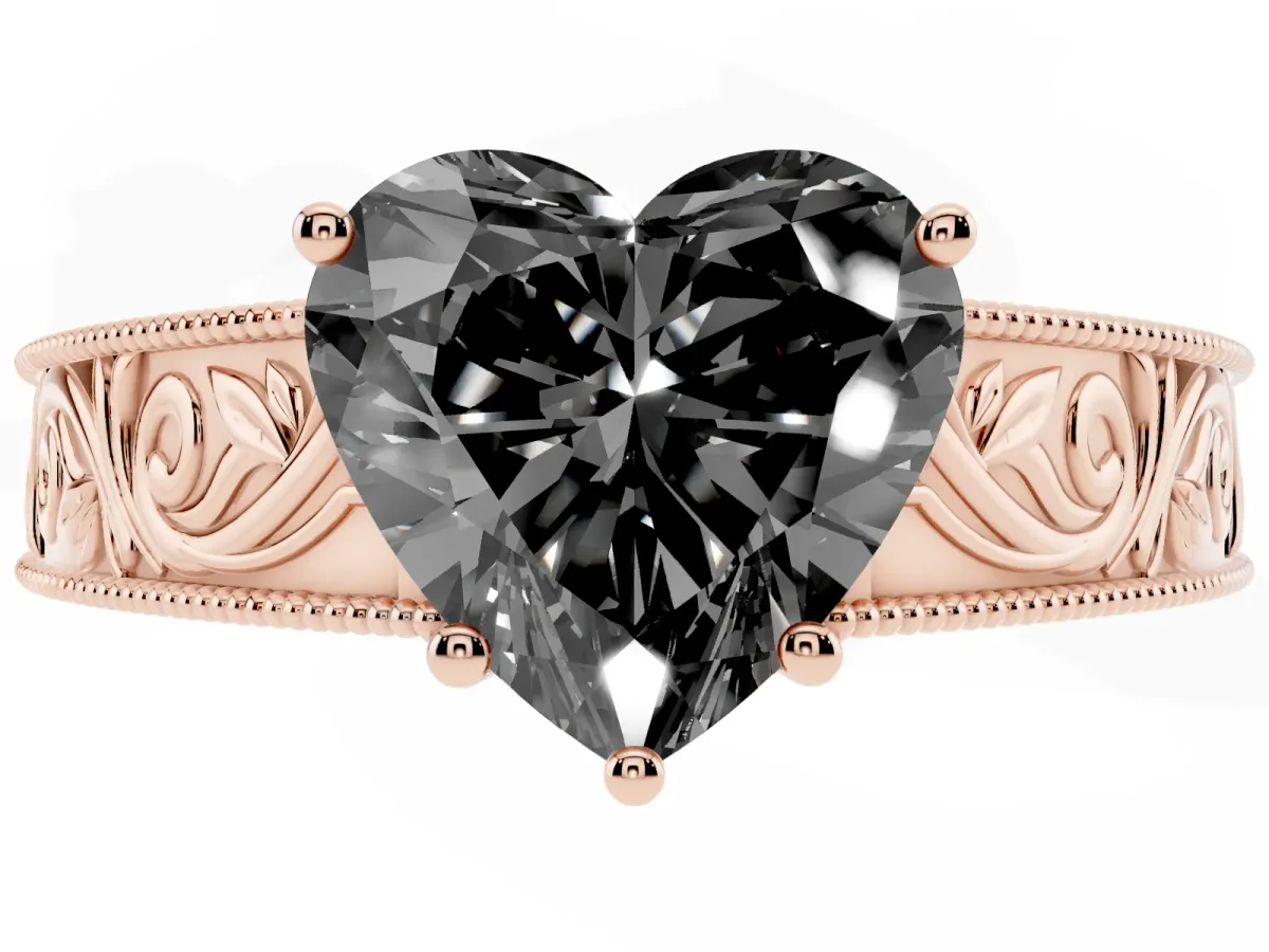 Fancy Black Heart Cut Diamond Solitaire Ring with Engraved Band and Four-Prong Setting Rose gold