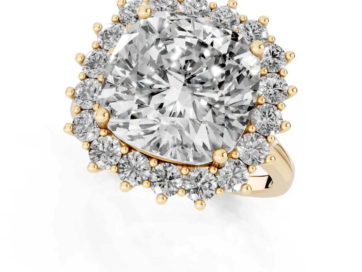 Cushion Diamond Halo Engagement Ring with Round Diamond Accents Yellow gold