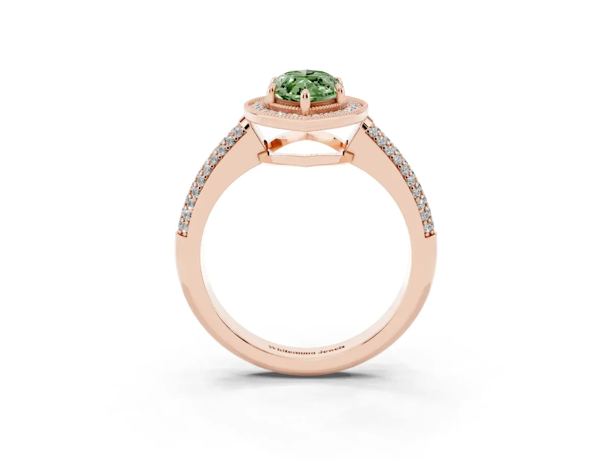 Fancy Green Marquise Cut Cut Halo Diamond Pave Band with Four-Prong Setting Rose gold