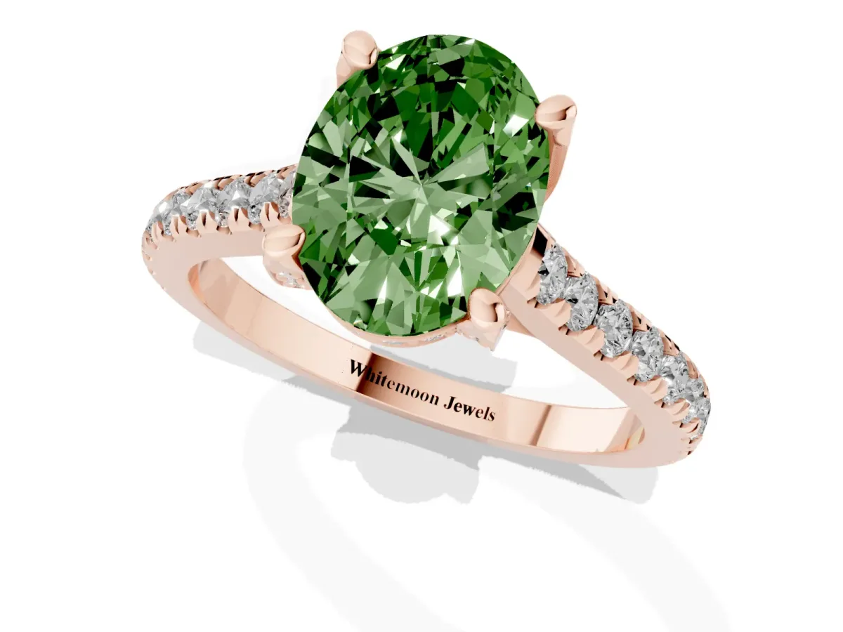 Fancy Green Oval Cut Brilliant Diamond Solitaire with Pavé Band and Four-Prong Setting Rose gold