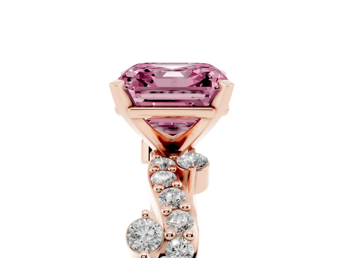 Fancy Pink Asscher Cut Cut Solitaire Diamond Twisted Band with Pave Setting Rose gold
