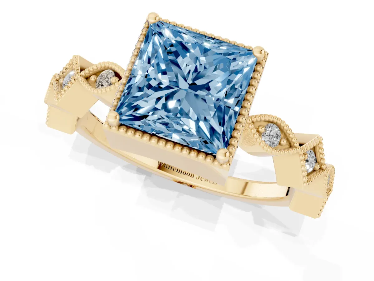 Fancy Blue Princess Cut Milgrain Marquise Diamond Twist Band Ring Yellow gold