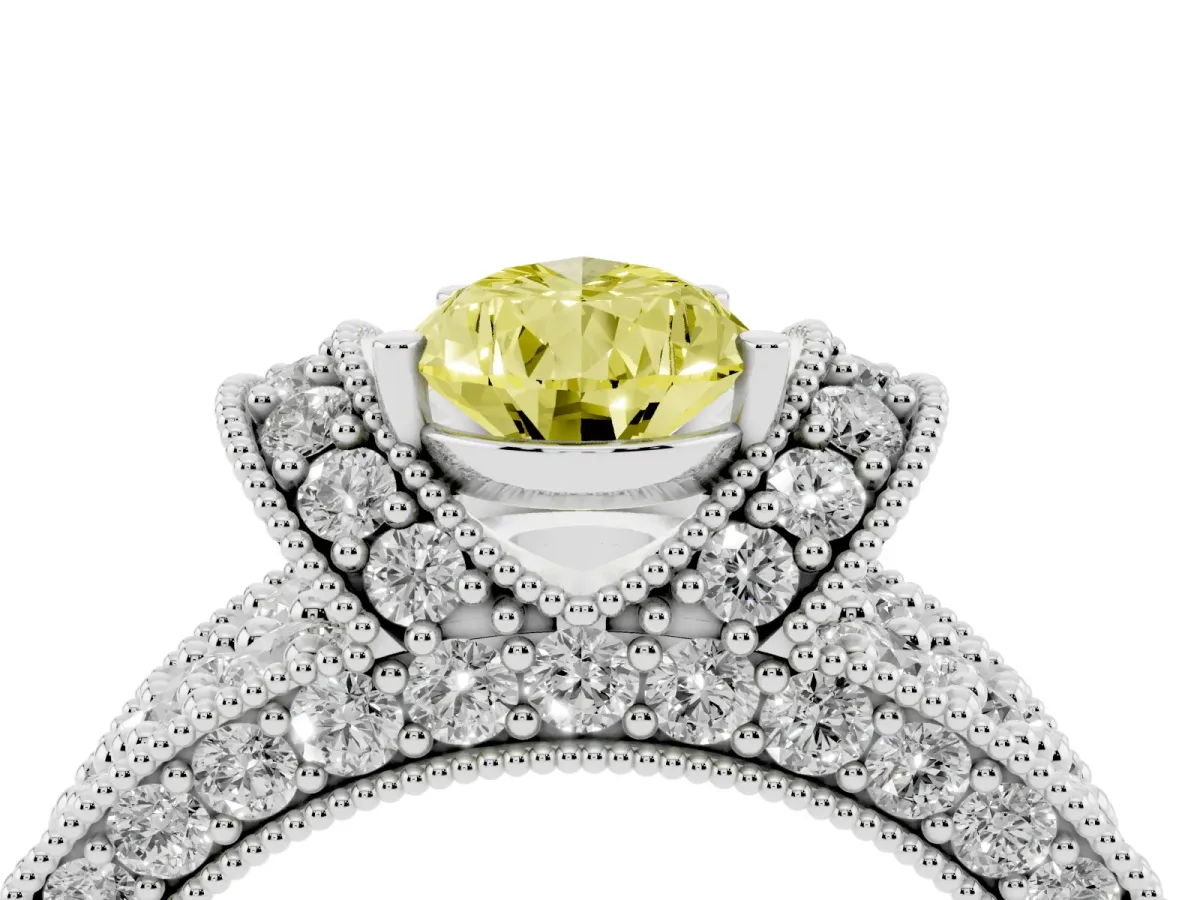 Fancy Yellow Pear Cut Halo Pave Diamond Engagement Ring with Milgrain Detailing Silver