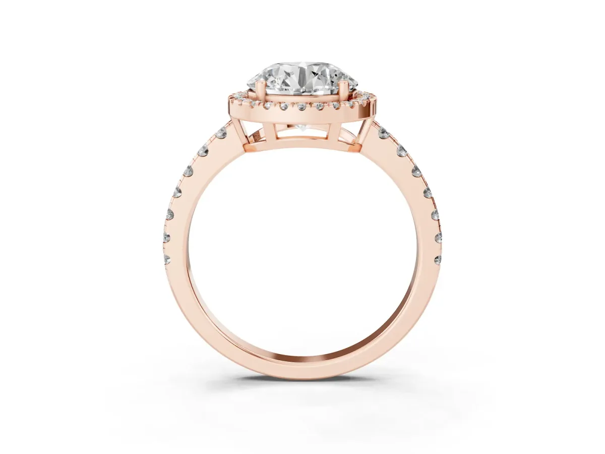 Round Cut Diamond Halo Ring with Pavé Band and Four-Prong Setting Rose gold