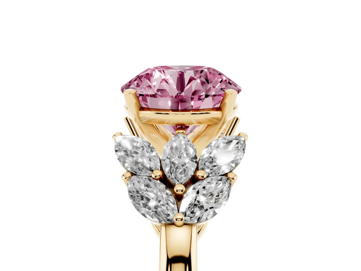 Fancy Pink Round Cut Diamond Cluster Leaf Design Ring with Prong Setting Yellow gold