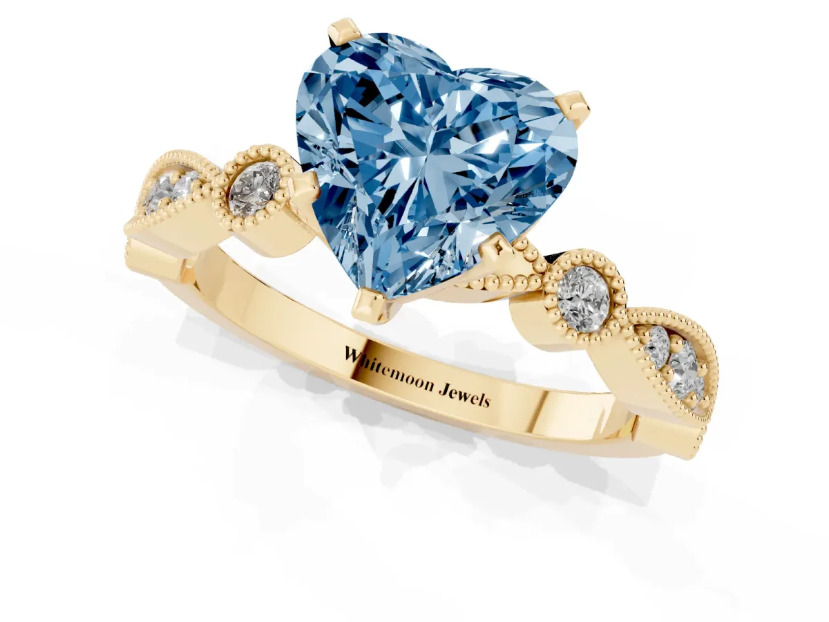 Fancy Blue Heart Cut Milgrain Bezel Diamond Engagement Ring with Solitaire Prong Setting Yellow gold