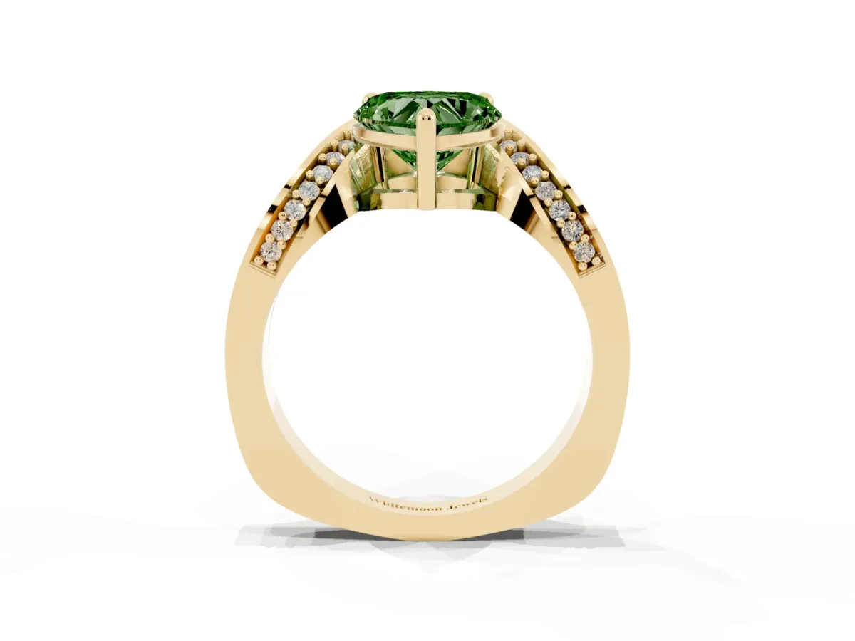 Fancy Green Heart Cut Solitaire Diamond Engagement Ring with Pave Band and Four-Prong Setting Yellow gold