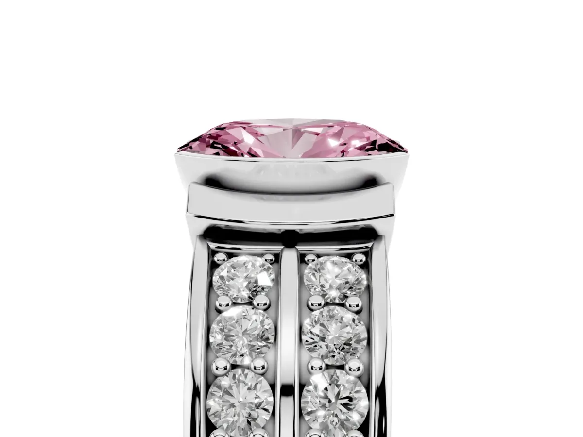 Fancy Pink Oval Cut Brilliant Diamond Channel Set Wide Band Ring with Bezel Setting Silver