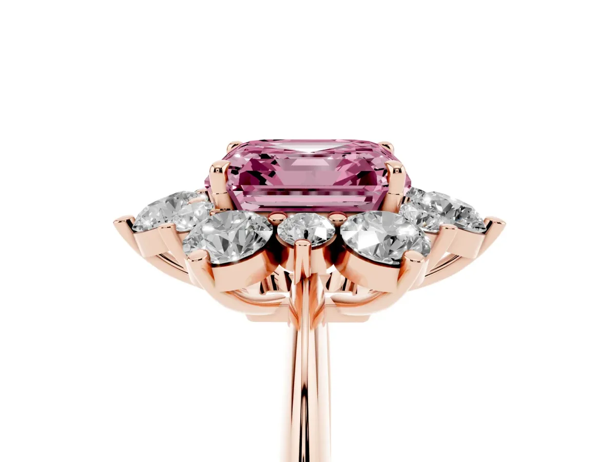 Fancy Pink Asscher Cut Diamond Cluster Halo Ring with Solitaire Band and Four-Prong Setting Rose gold