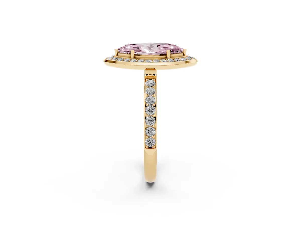 Fancy Pink Marquise Cut Diamond Halo Ring with Bezel Frame and Pavé Band Yellow gold