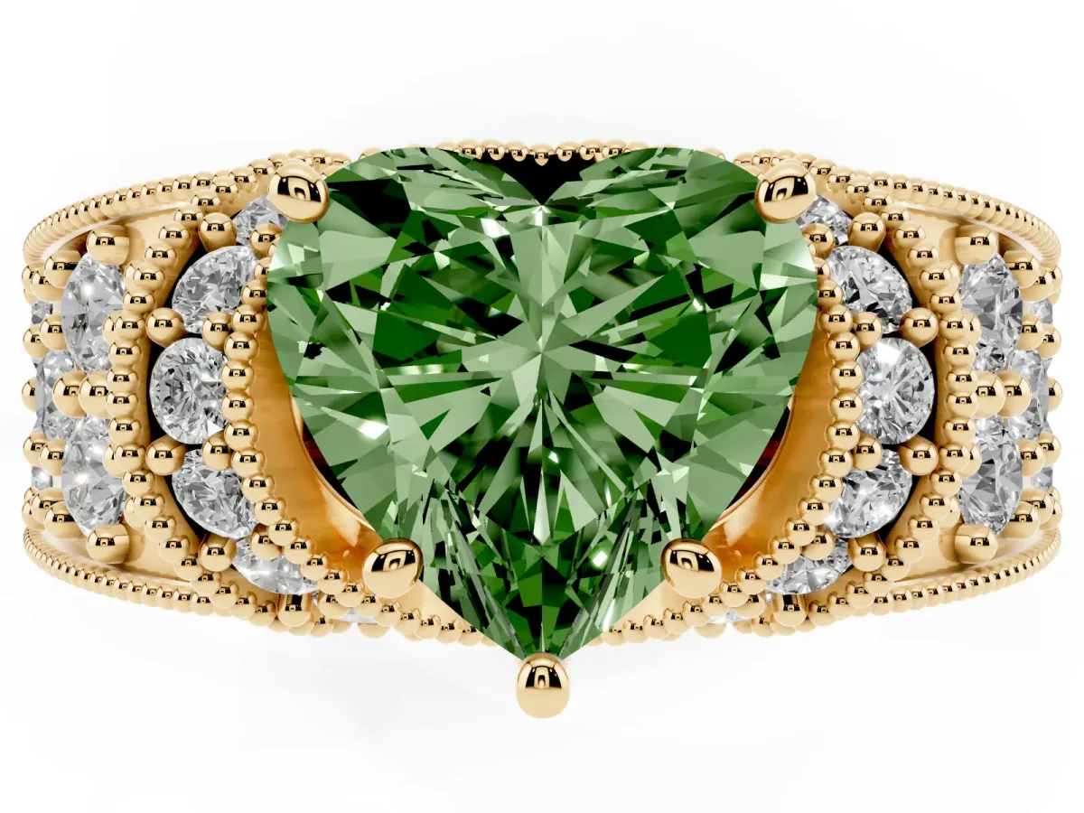 Fancy Green Heart Cut Halo Pave Diamond Engagement Ring with Milgrain Detailing Yellow gold