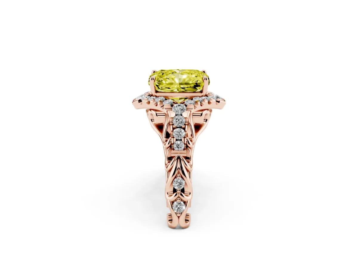 Fancy Yellow Radiant Cut Diamond Solitaire Ring with Hidden Halo and Pavé Band Rose gold