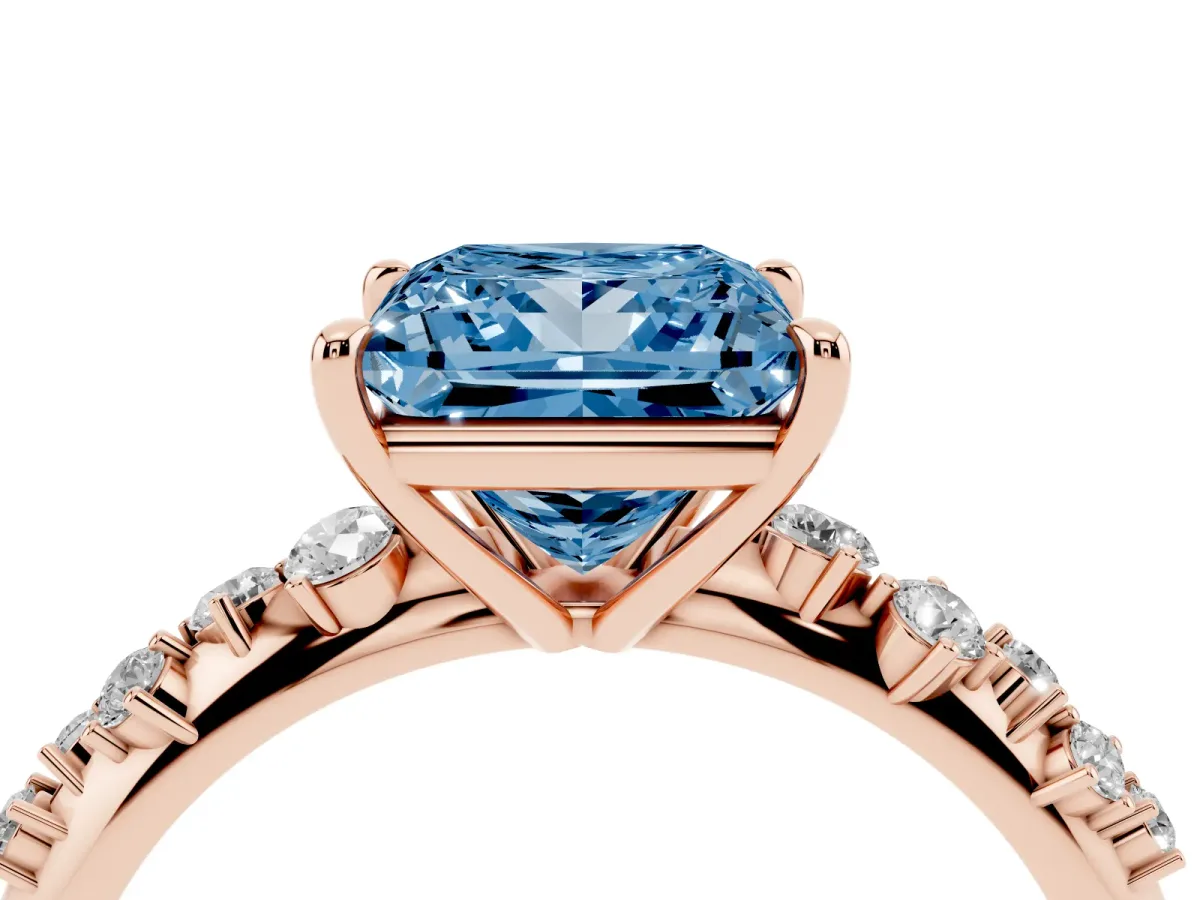Fancy Blue Princess Cut Diamond Cluster Side Stone Solitaire Ring with Prong Setting Rose gold