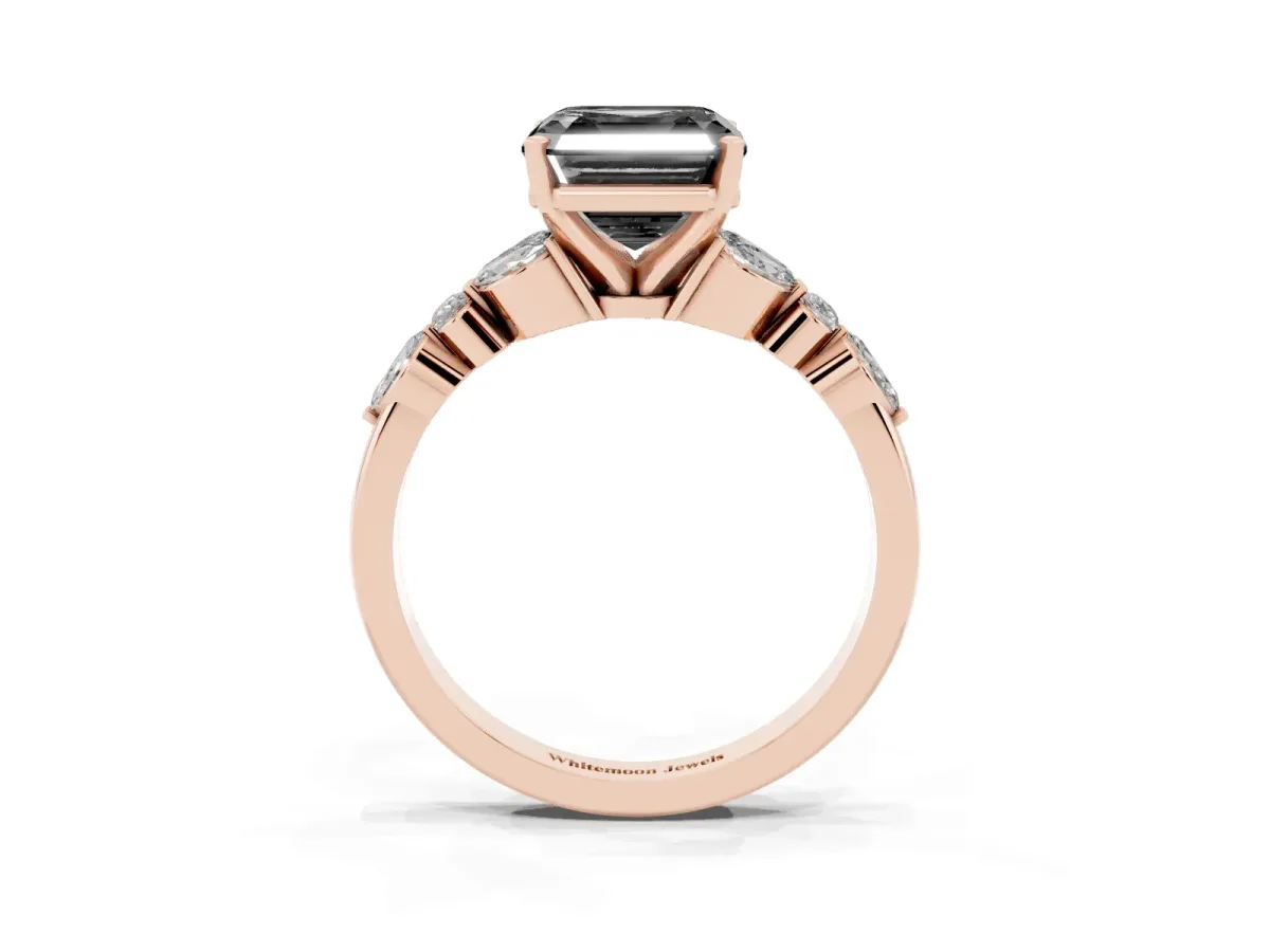 Fancy Black Asscher Cut Diamond Solitaire Ring with Side Stones and Four-Prong Setting Rose gold