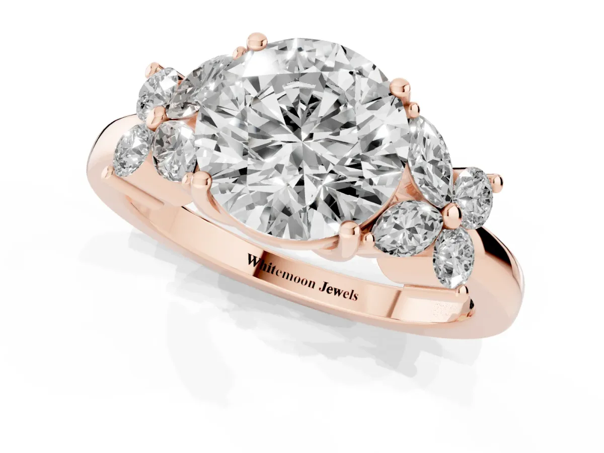 Round Cut Diamond Floral Cluster Ring with Solitaire Band and Prong Setting Rose gold