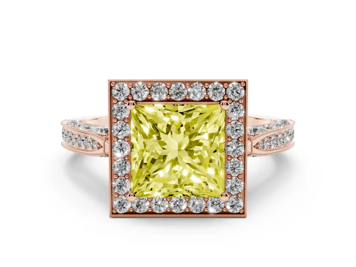 Fancy Yellow Princess Cut Halo Diamond Engagement Ring with Split Shank Band and Four-Prong Setting Rose gold