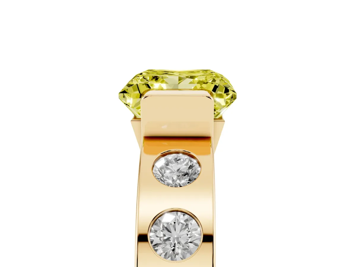 Fancy Yellow Princess Cut Brilliant Channel-Set Diamond Ring with Bezel Prong Setting Yellow gold