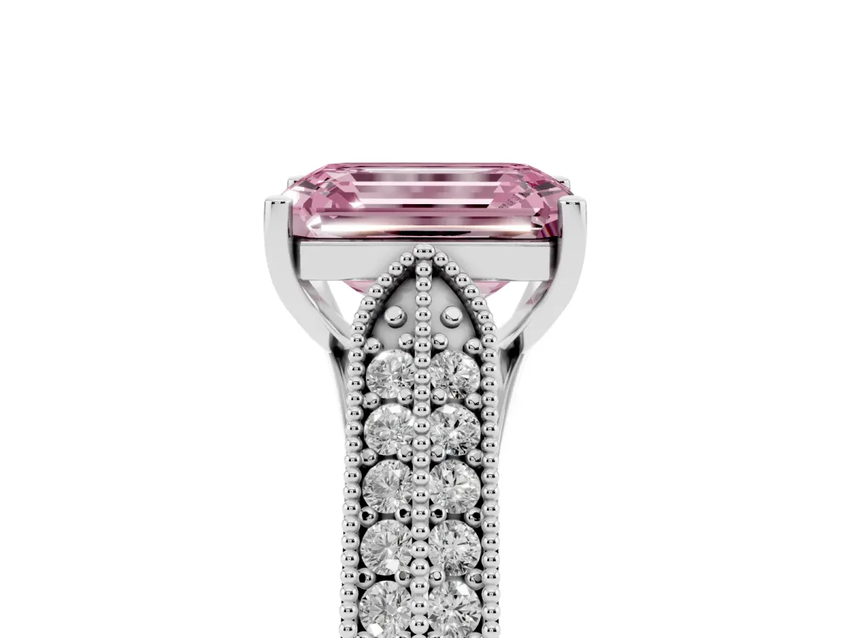Fancy Pink Emerald Cut Cut Pave Split Shank Engagement Ring with Four-Prong Setting White gold