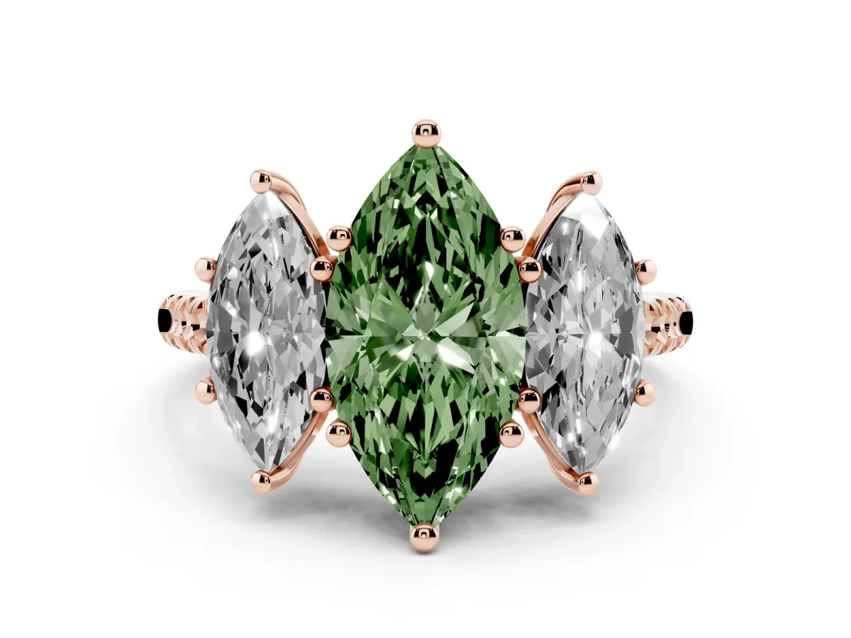 Fancy Green Three-Stone Marquise Cut Diamond Ring with Round Pavé Band and Prong Setting Rose gold