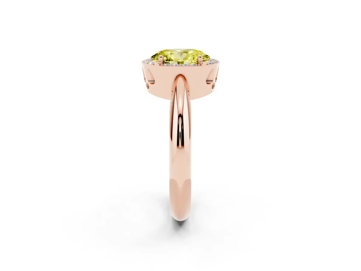 Fancy Yellow Oval Cut Cut Diamond Halo Engagement Ring with Split Shank and Four-Prong Setting Rose gold