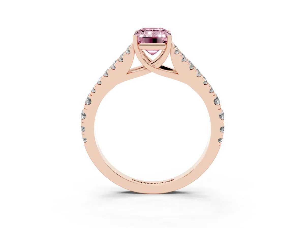 Fancy Pink Emerald Cut Diamond Split Shank Engagement Ring with Round Pavé and Prong Setting Rose gold