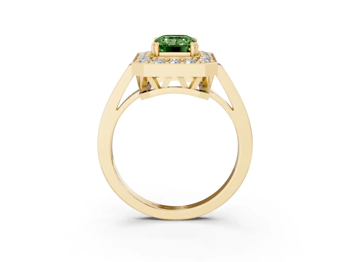 Fancy Green Emerald Cut Diamond Halo Ring with Split Shank and Four-Prong Setting Yellow gold