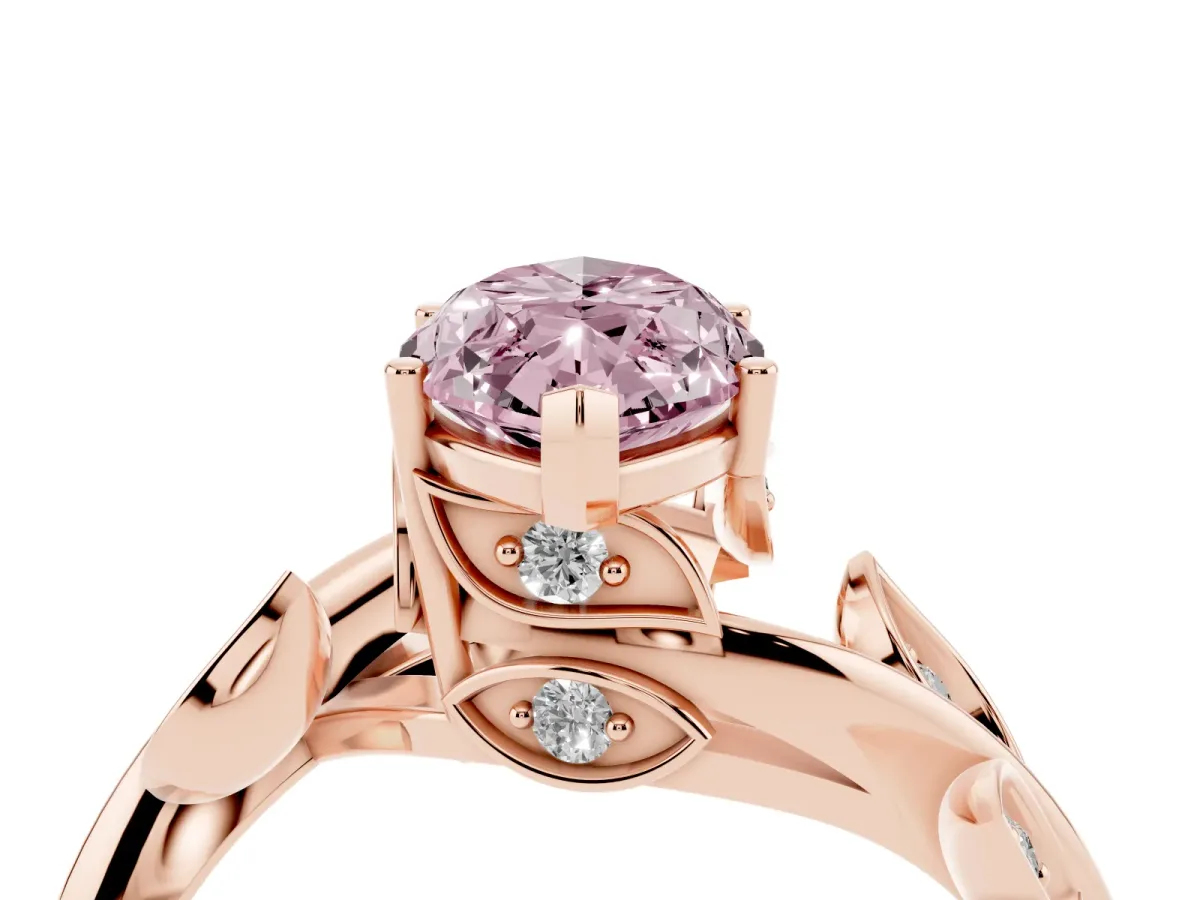 Fancy Pink Marquise Cut Solitaire Twist Engagement Ring with Leaf Accents and Prong Setting Rose gold