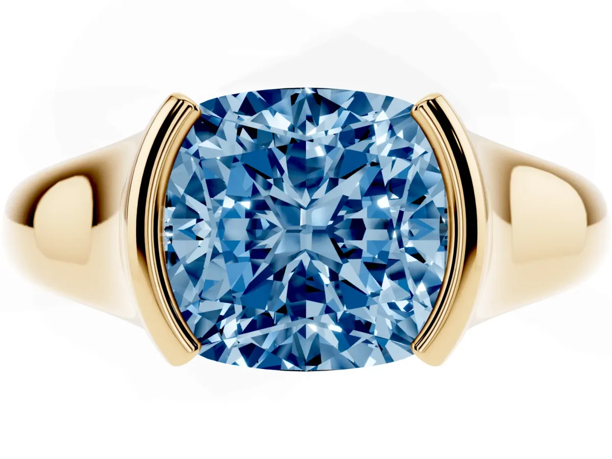 Fancy Blue Cushion Cut Solitaire Tension Set Diamond Ring with Split Shank Band Yellow gold