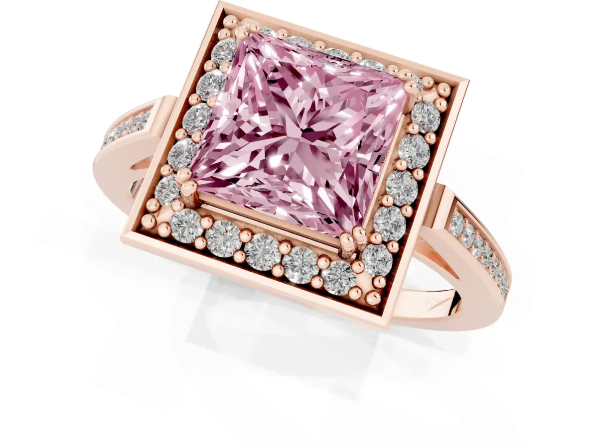Fancy Pink Princess Cut Diamond Halo Ring with Split Shank and Four-Prong Setting Rose gold