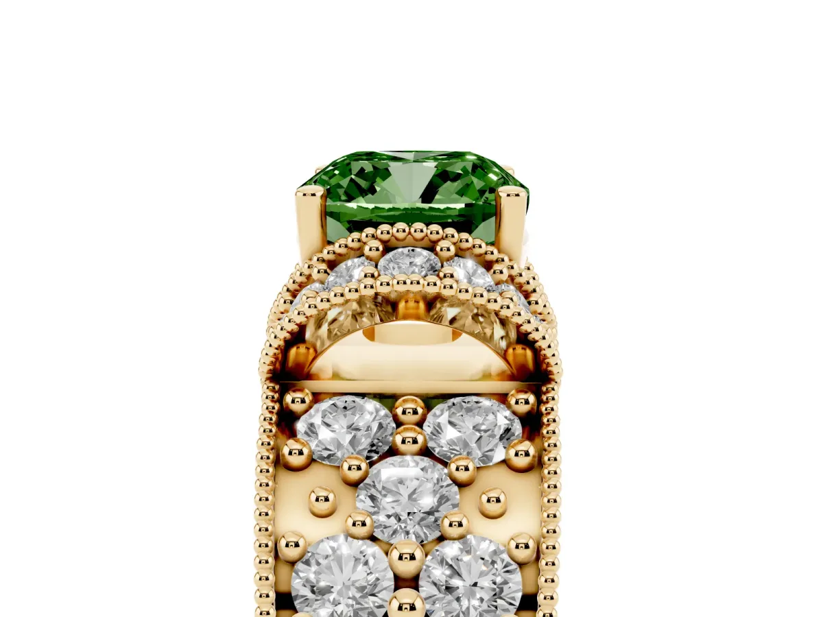 Fancy Green Cushion Cut Halo Pave Diamond Engagement Ring with Milgrain Detailing Yellow gold