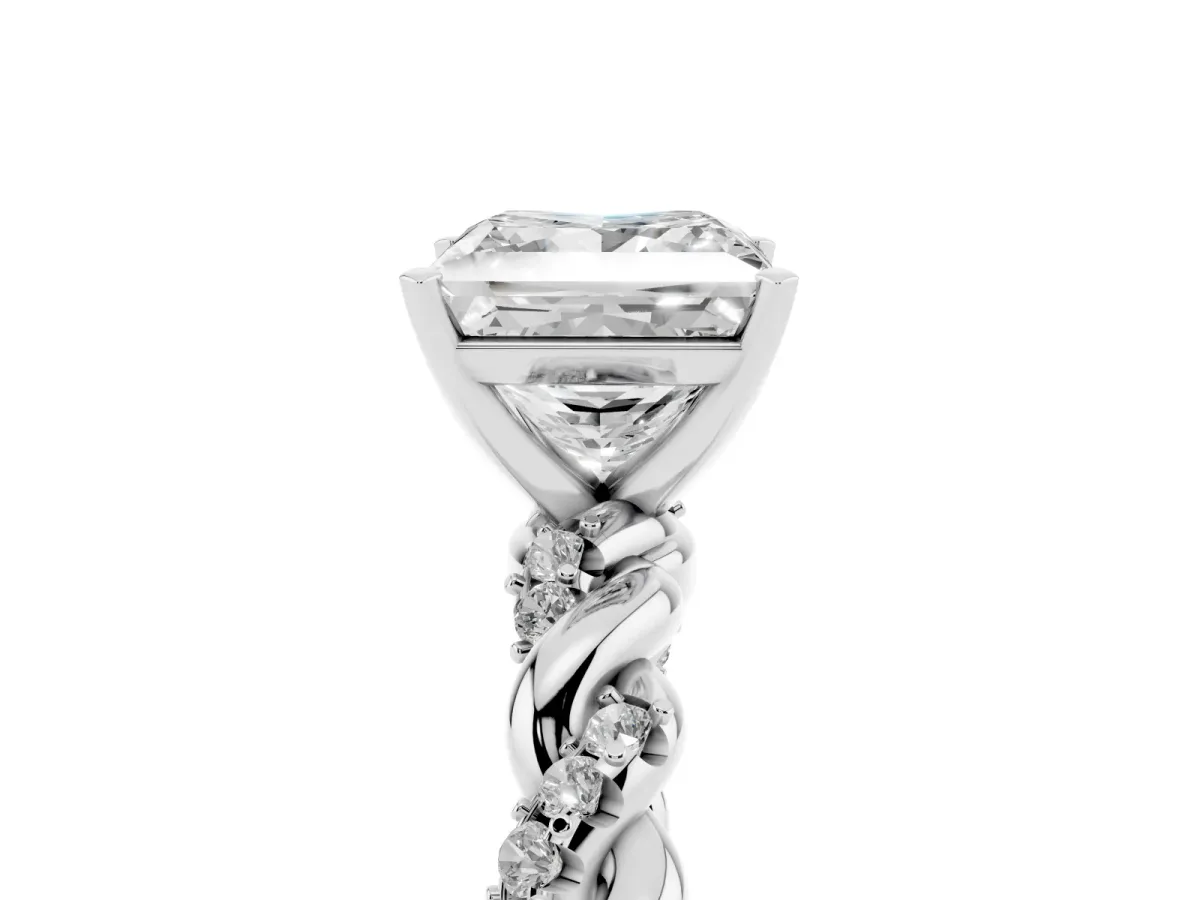 Princess Cut Diamond Solitaire Ring with Twisted Band and Pavé Accents White gold