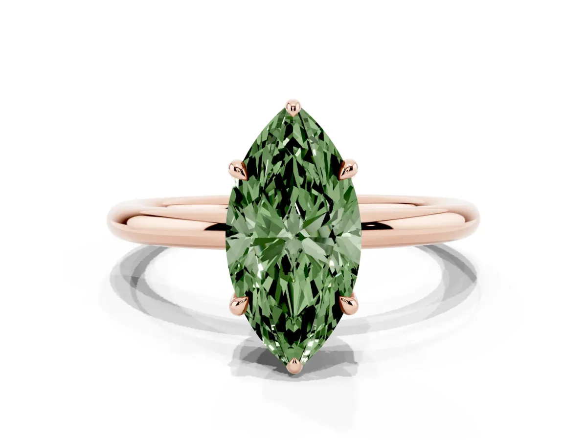 Fancy Green Marquise Cut Diamond Solitaire Ring with Thin Band and Four-Prong Setting Rose gold