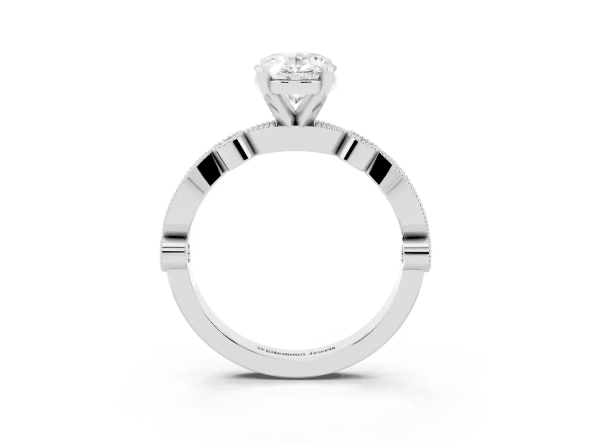 Oval Cut Milgrain Bezel Diamond Engagement Ring with Solitaire Prong Setting Platinum