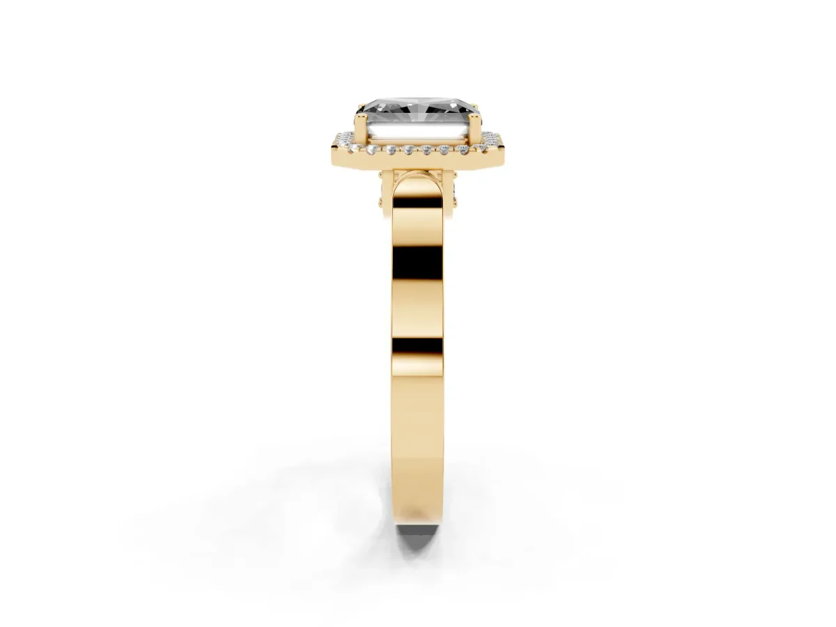 Fancy Black Radiant Cut Halo Round Diamond Twist Band with Four-Prong Setting Yellow gold