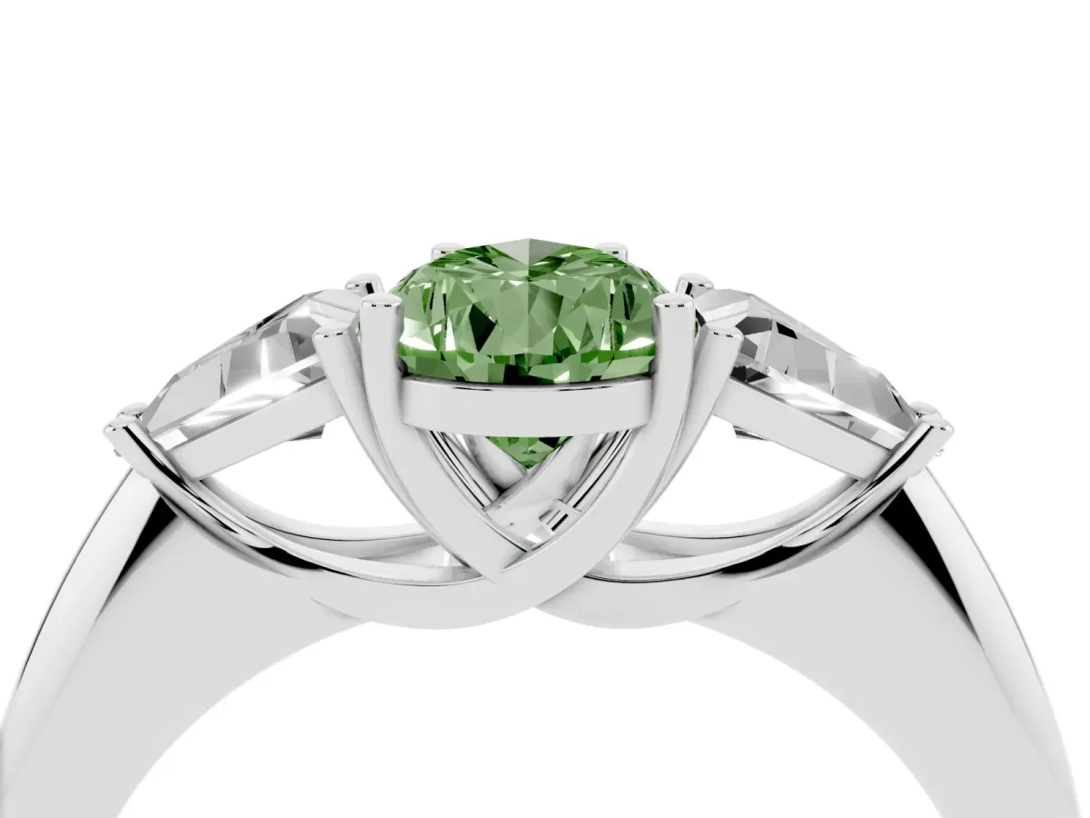 Fancy Green Three-Stone Pear Cut Diamond Engagement Ring with Trillion Side Stones and Prong Setting Silver