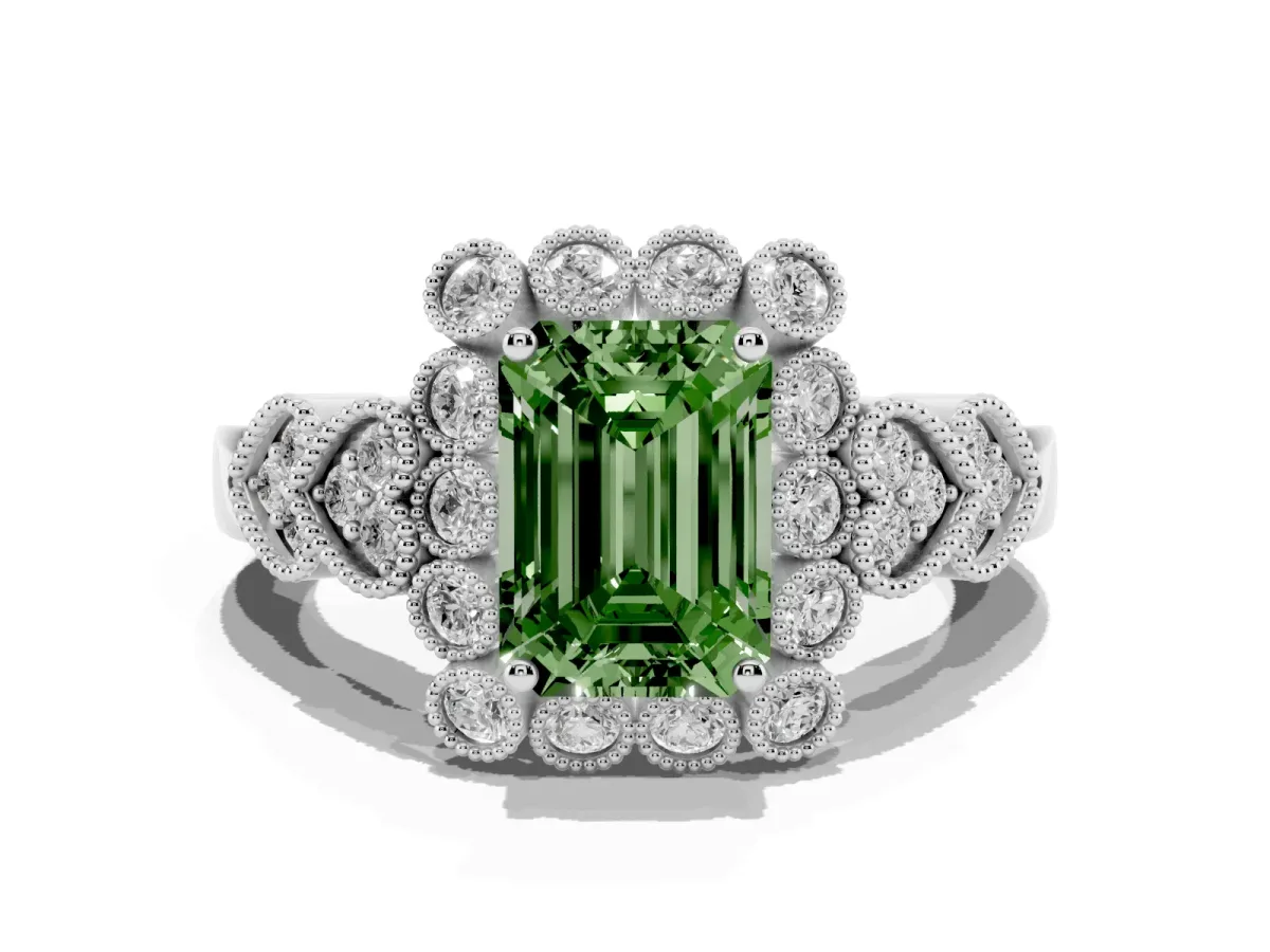 Fancy Green Emerald Cut Brilliant Milgrain Pave Heart Band Solitaire Ring Silver