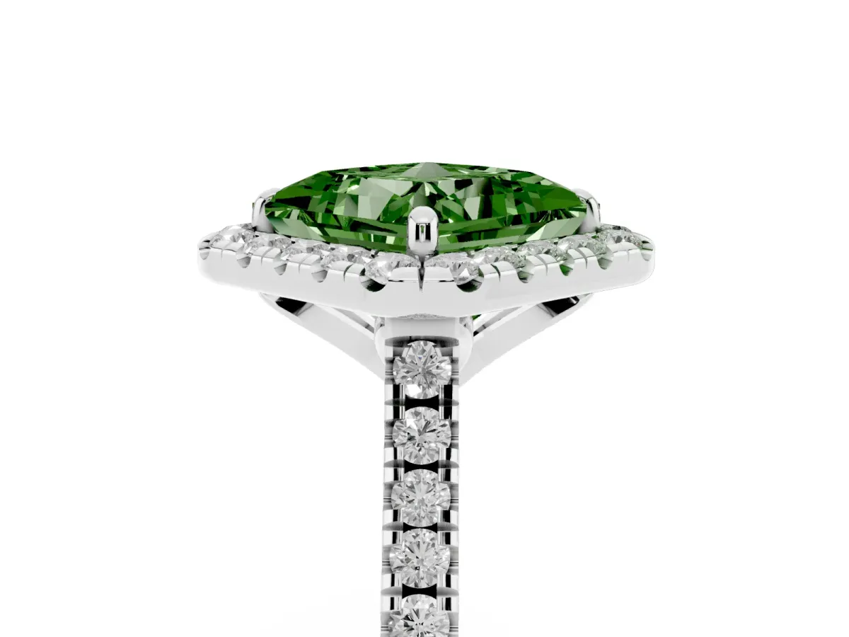 Fancy Green Princess Cut Diamond Cushion Halo Ring with Pavé Band Platinum