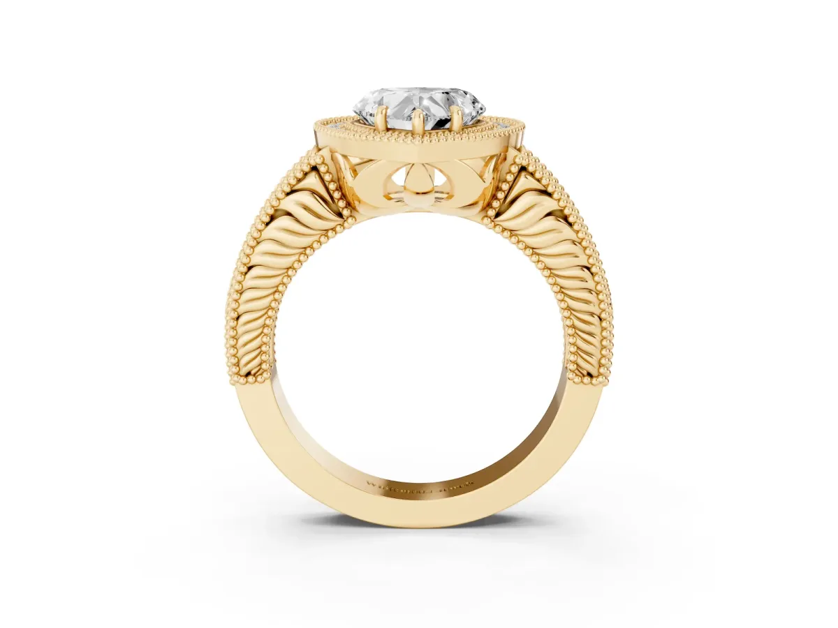 Heart Cut Cut Halo Diamond Ring with Pavé Band and Four-Prong Setting Yellow gold