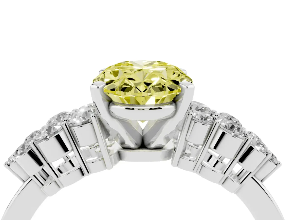 Fancy Yellow Oval Cut Cluster Diamond Engagement Ring with Pavé Band and Four-Prong Setting Platinum