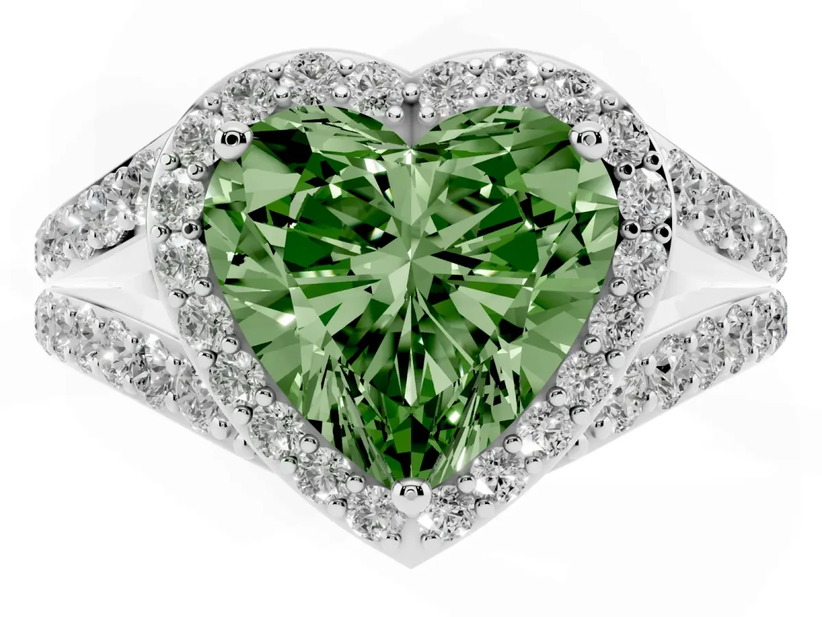 Fancy Green Heart Cut Diamond Split Shank Halo Ring with Four-Prong Setting Silver