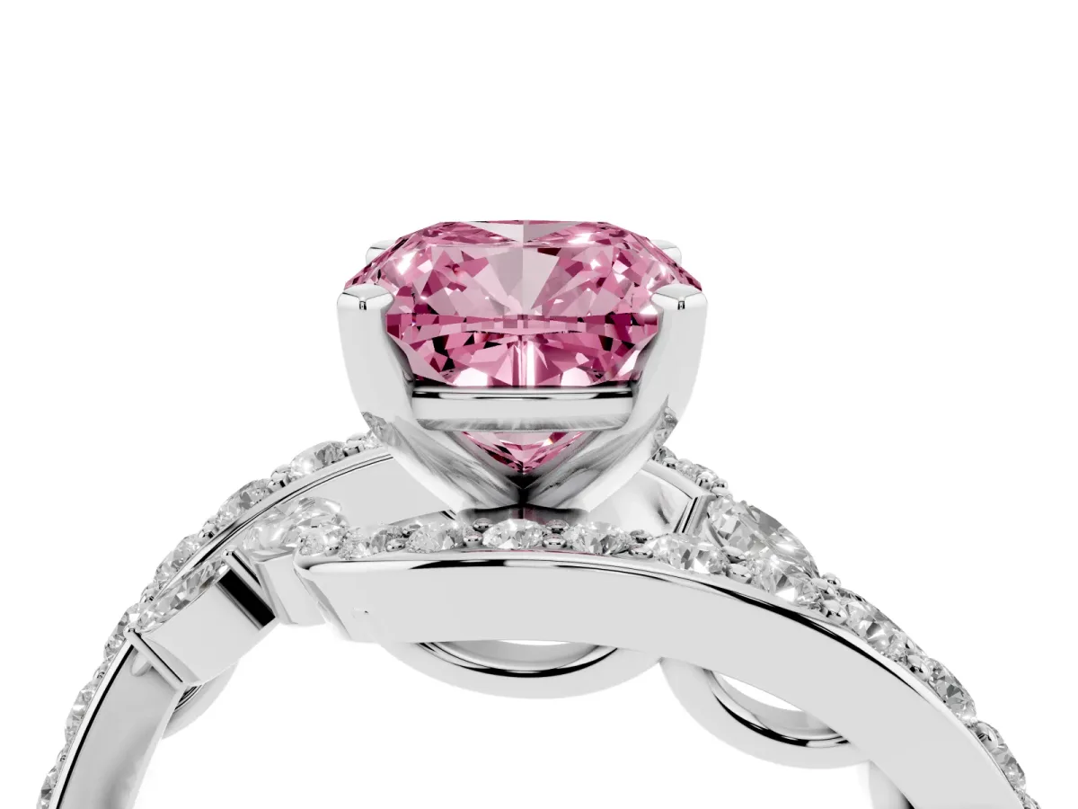 Fancy Pink Cushion Cut Diamond Solitaire Ring with Filigree Band and Four-Prong Setting Silver