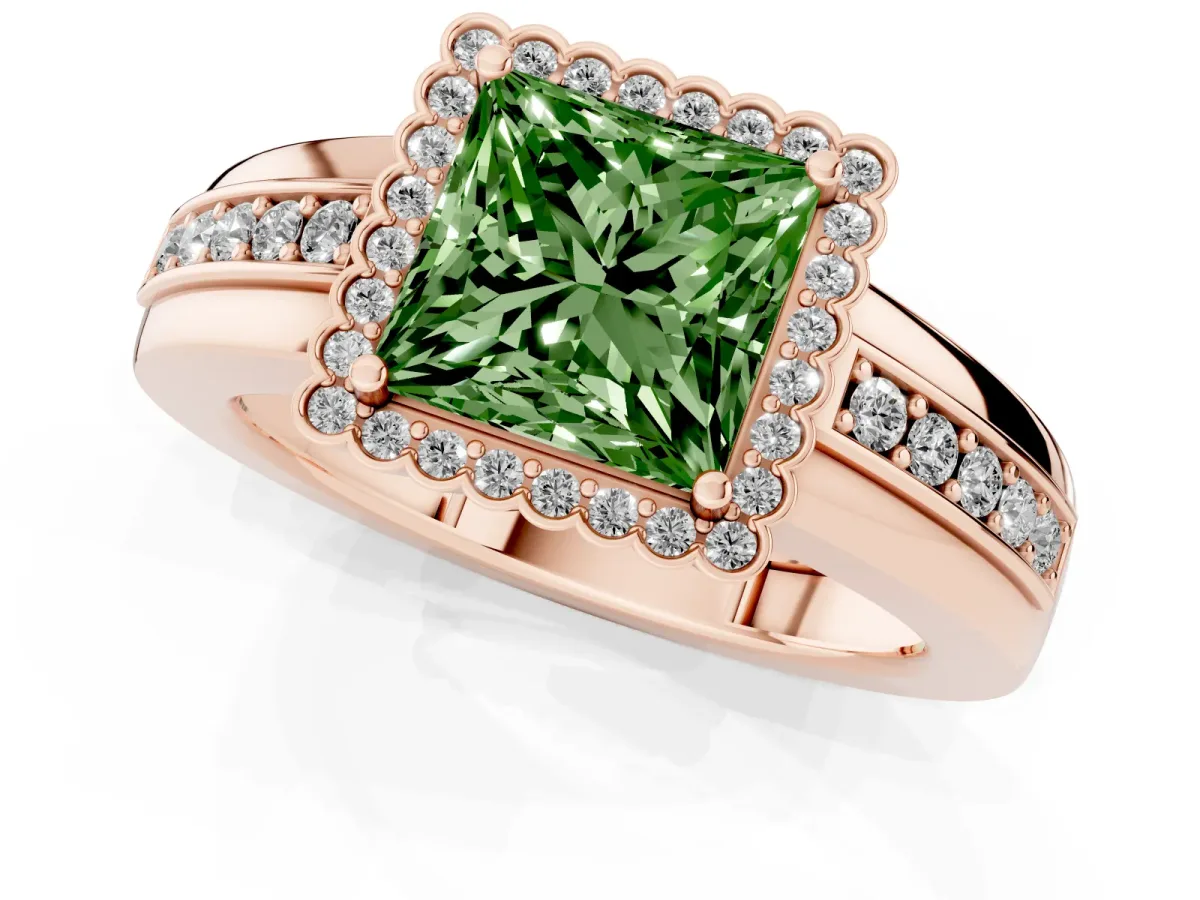 Fancy Green Princess Cut Cut Halo Pave Band Four-Prong Ring Rose gold