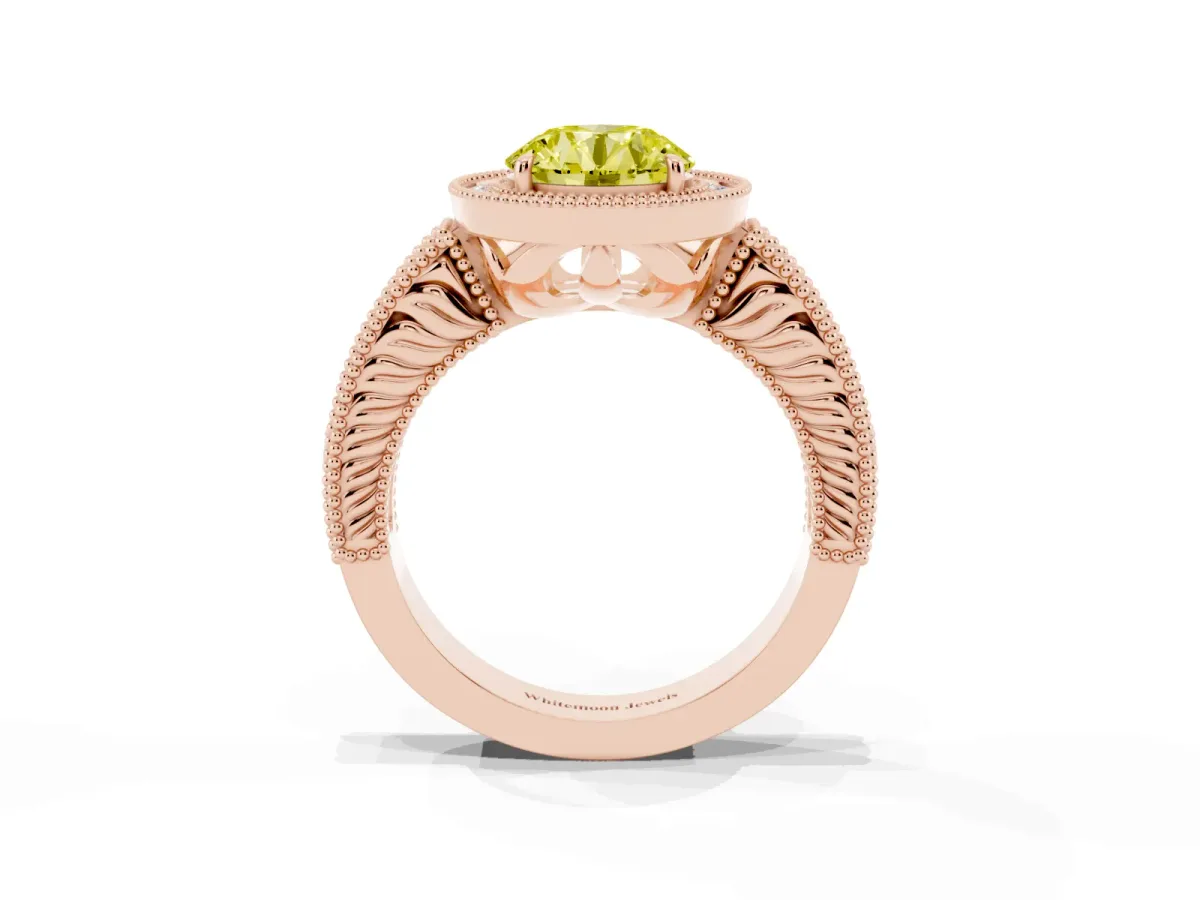 Fancy Yellow Round Cut Cut Halo Diamond Ring with Pavé Band and Four-Prong Setting Rose gold