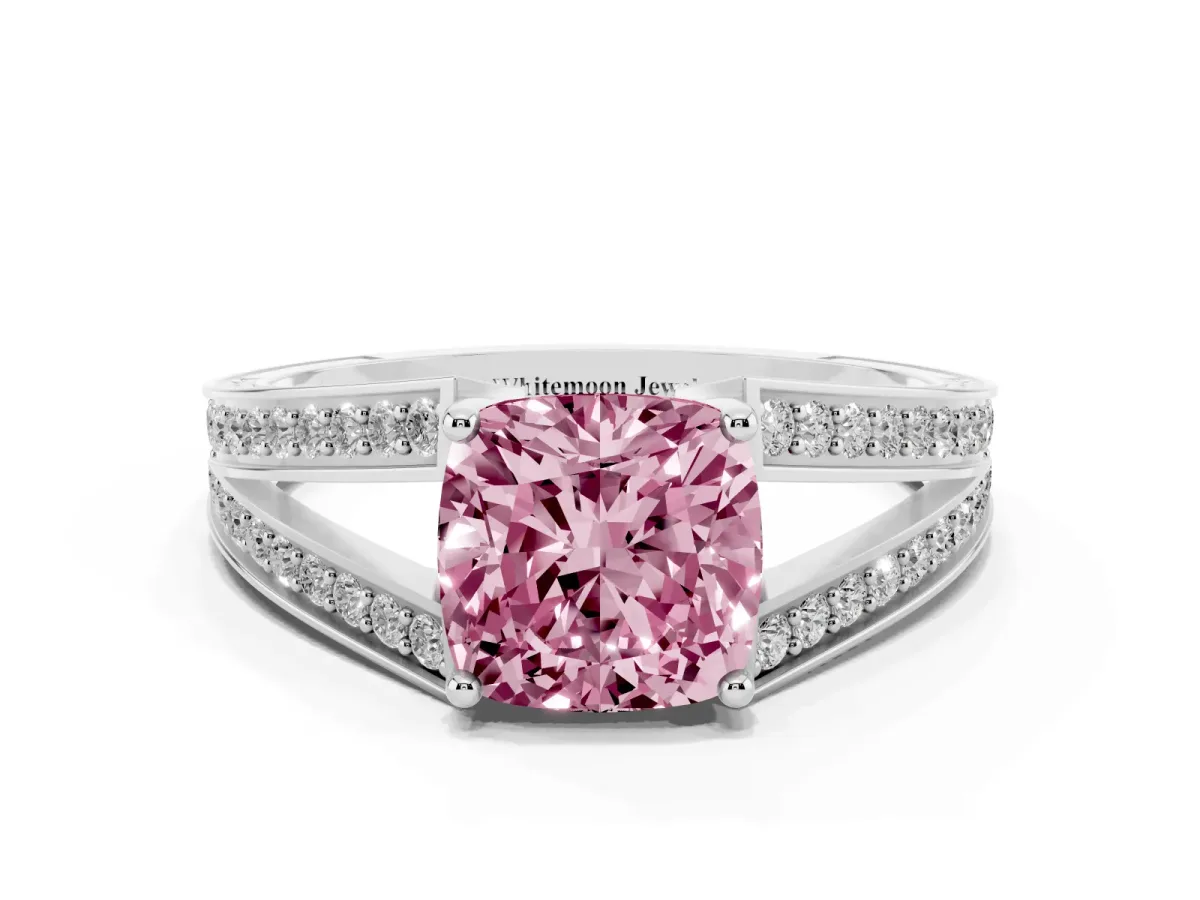 Fancy Pink Cushion Cut Diamond Split Shank Ring with Pavé Band and Four-Prong Setting Silver
