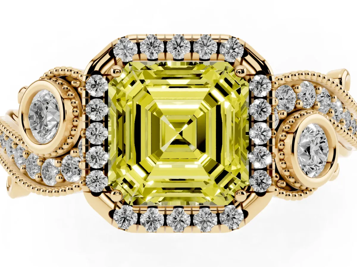 Fancy Yellow Asscher Cut Halo Diamond Ring with Milgrain and Bezel Accents on a Split Shank Band Yellow gold